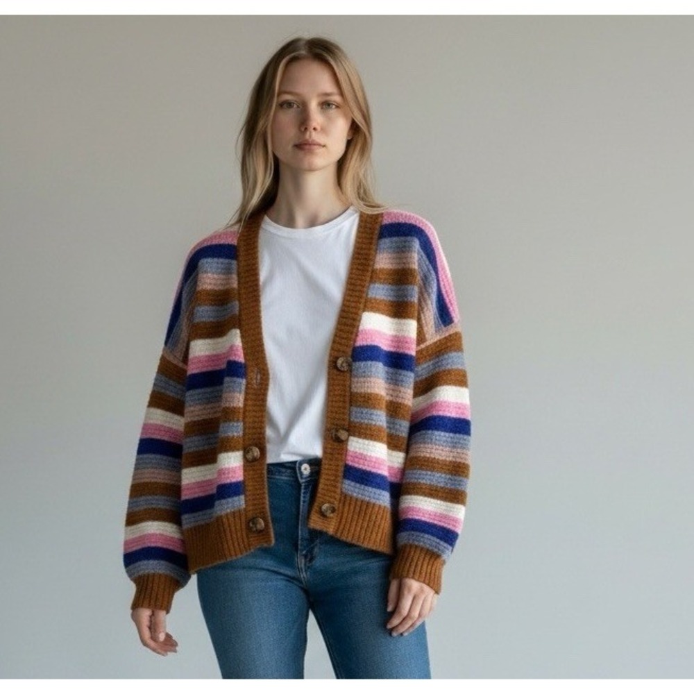 Madewell Women's XS Sweater New Crew Chunky Cardigan Multi Stripe